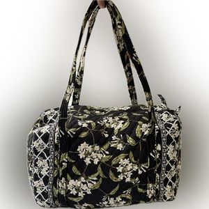 Vera Bradley large duffel bag with pretty floral print on black background.